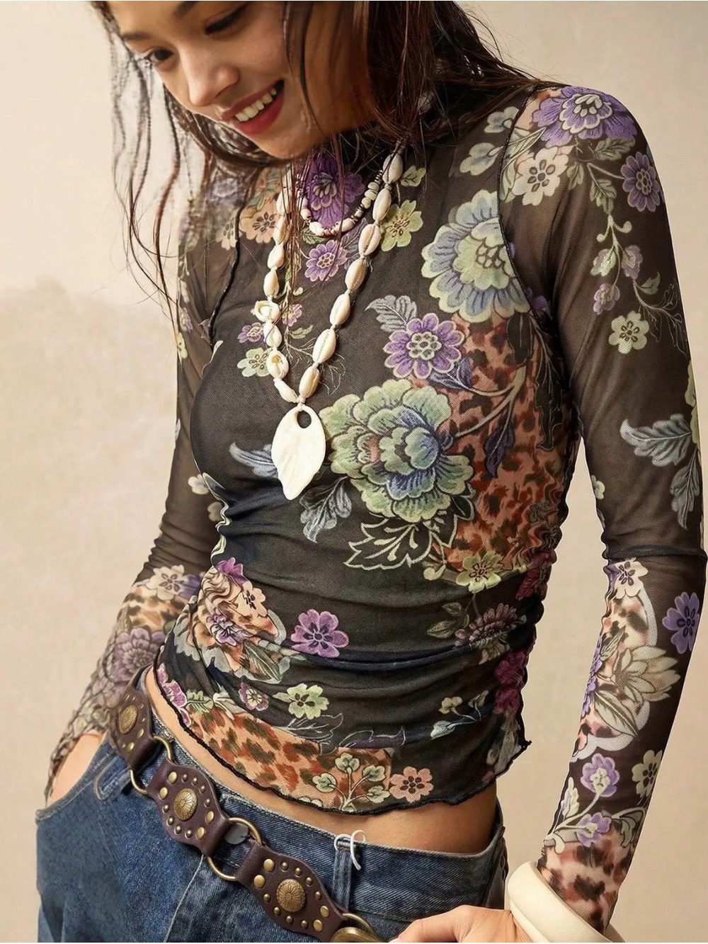 Sheer Floral and Leopard Print Mesh Long-Sleeve Layering Top